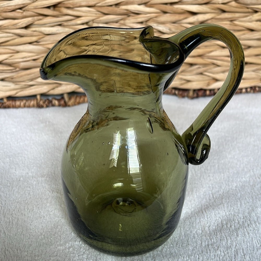 12 oz Green Glass Blown Creamer Pitcher 12 oz 5 1/5”